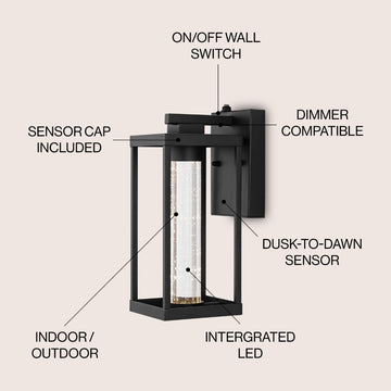 Juno 4.75" Industrial Vintage Iron/Glass Seeded Glass with Dusk-to-Dawn Sensor Integrated LED Outdoor Sconce - JONATHAN Y